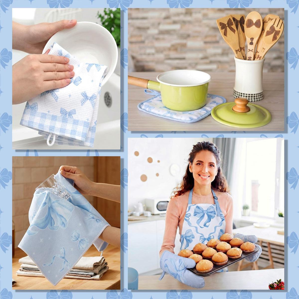 17 Pcs Blue Bow Kitchen Decor and Accessories Blue Bow Kitchen Rug and Mat Oven Mitts and Pot Holders Apron Dish Towels Cute Wooden Spoons for Home Decor Housewarming Gifts (17 Count)
