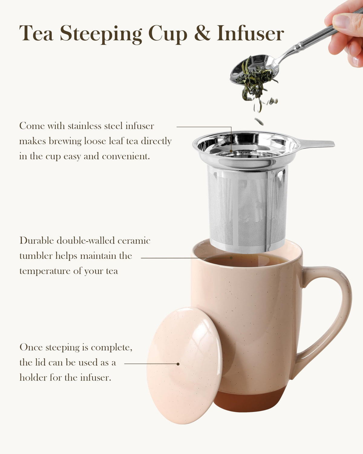 Ceramic Tea Mug with Lid and Stainless Steel Infuser