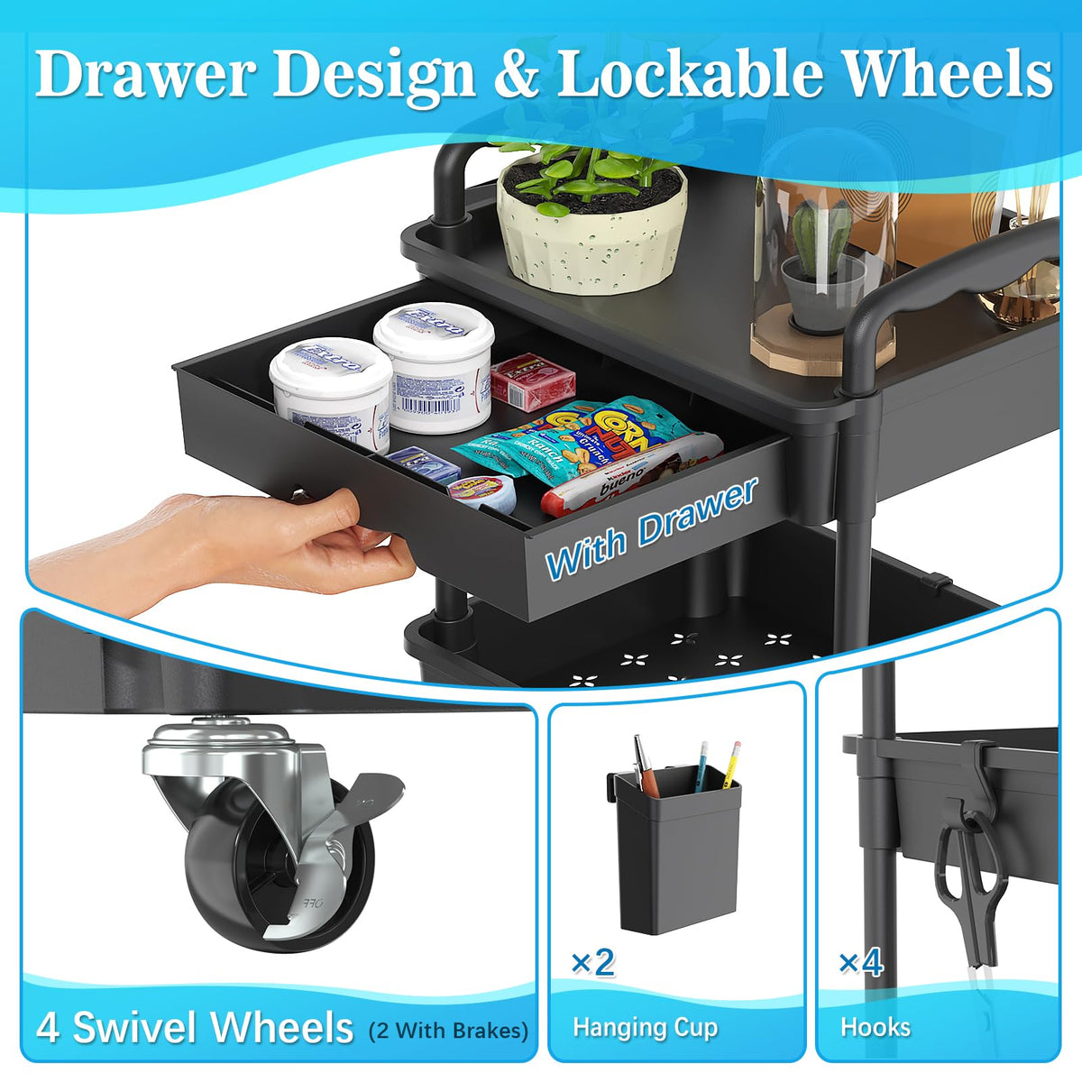3 Tier Rolling Cart with Drawer
