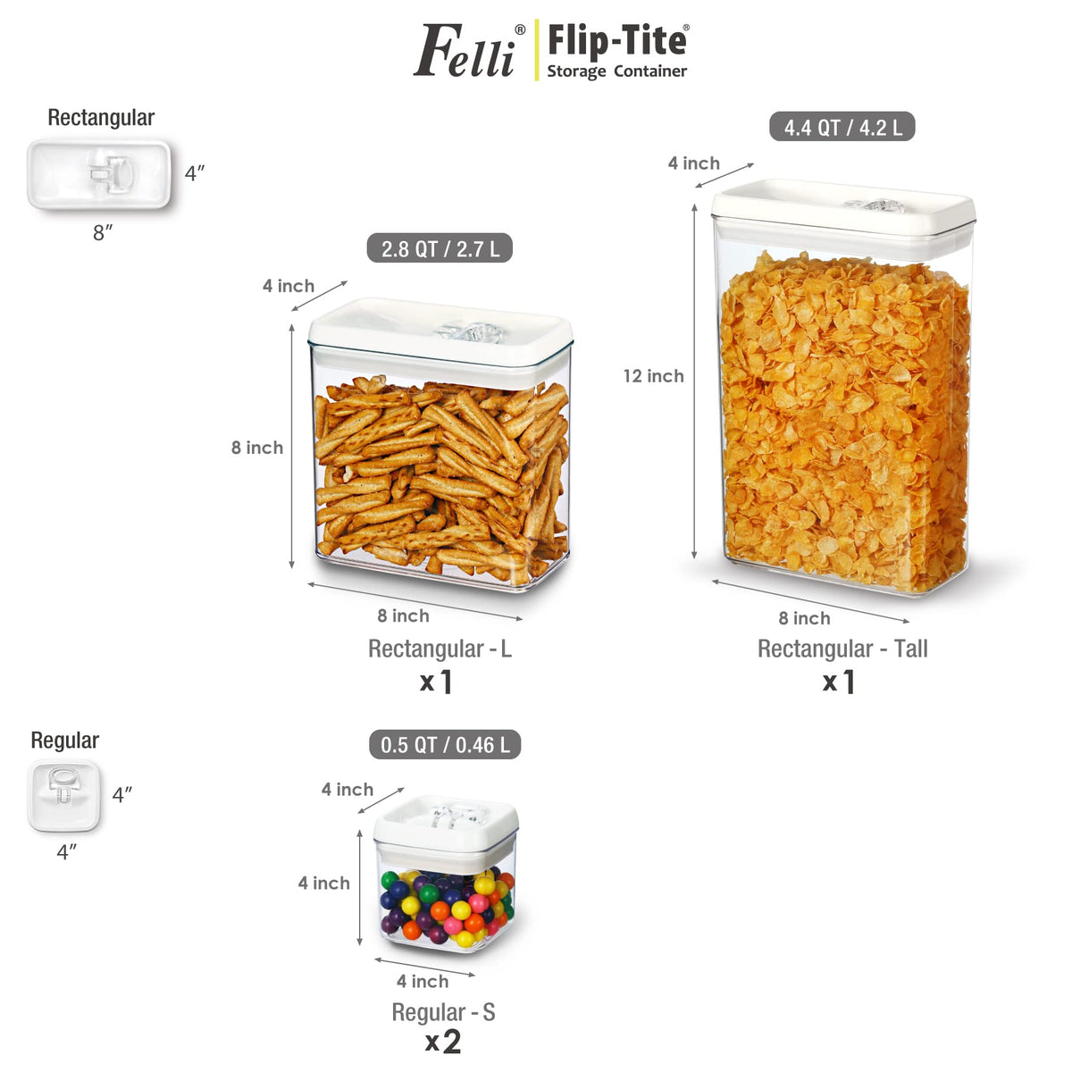 Flip Tite Storage Container with Lid 4" RECTANGULAR Air Tight Ring Flip Top (4 Count)