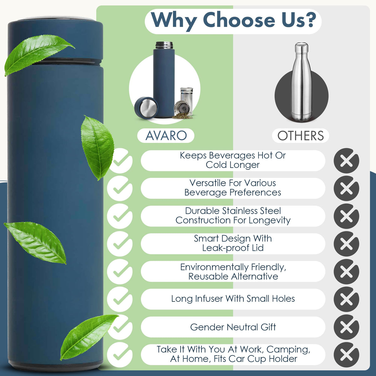 All-in-One Tea Thermos with Infuser for Loose Tea, Coffee, Fruit-Infused Water (Hot/Cold) - 16.9oz Insulated Stainless Steel Coffee Travel Mug, Tea Infuser Cup, Leakproof Tea Cup