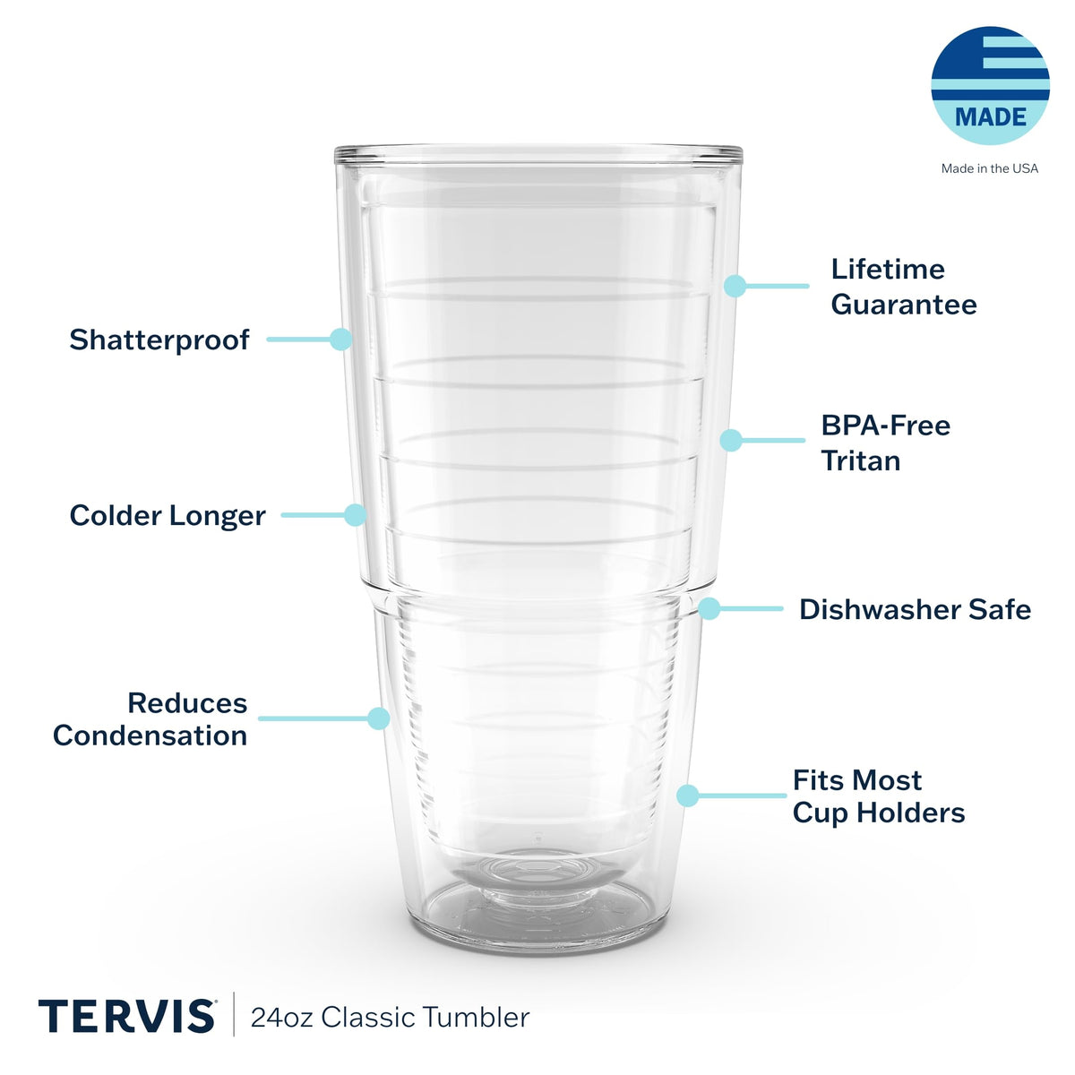 Clear & Colorful Tabletop Made in USA Double Walled Insulated Tumbler Travel Cup Keeps Drinks Cold & Hot