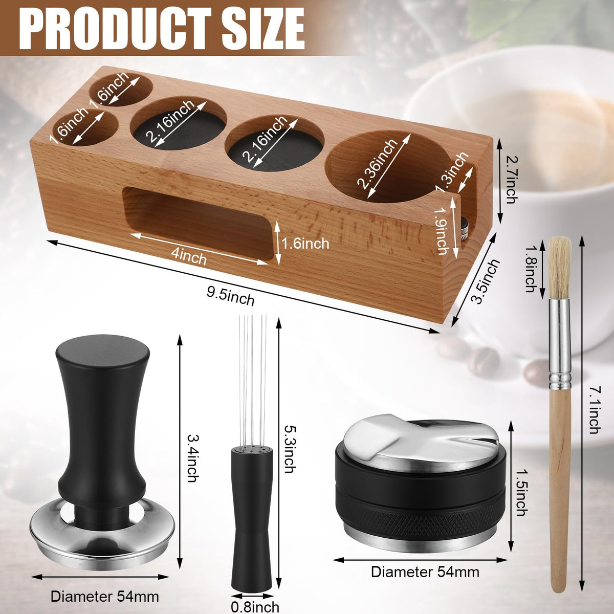 5 Pack 54 mm Espresso Accessories Kit Wooden Tamper Station Coffee Distributor Stirrer Tamping Mat with Brush