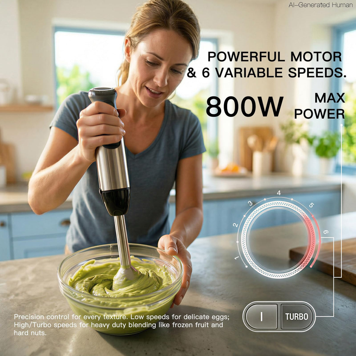 HB-2035 5-in-1 Immersion Hand Blender, 800W Ultra-Powerful Stick Blender with Variable Speed & Turbo, Stainless Steel Shaft, Includes Whisk, Frother, Chopper Bowl & 600ml Beaker