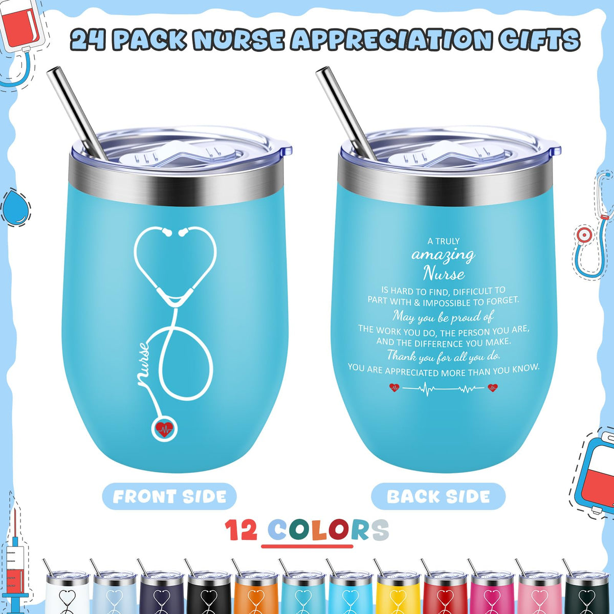 Nurse Week Gifts for Women Nursing Appreciation 12 oz Stainless Steel Wine Tumbler with Lid Insulated Coffee Mug Thank You Gift for CNA RN Students Graduation School (24 Count)