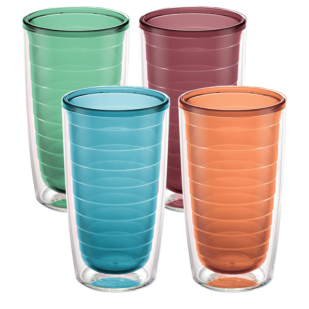 Clear & Colorful Tabletop Made in USA Double Walled Insulated Tumbler Travel Cup Keeps Drinks Cold & Hot (4 Count)