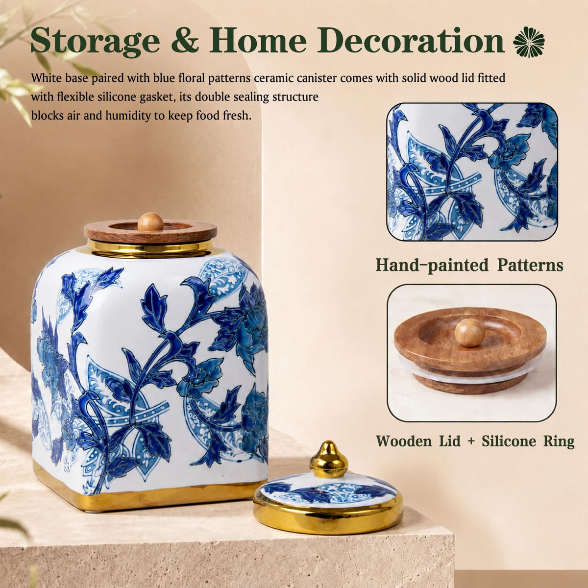 Blue and White Ceramic Tea Canister with Airtight Lid