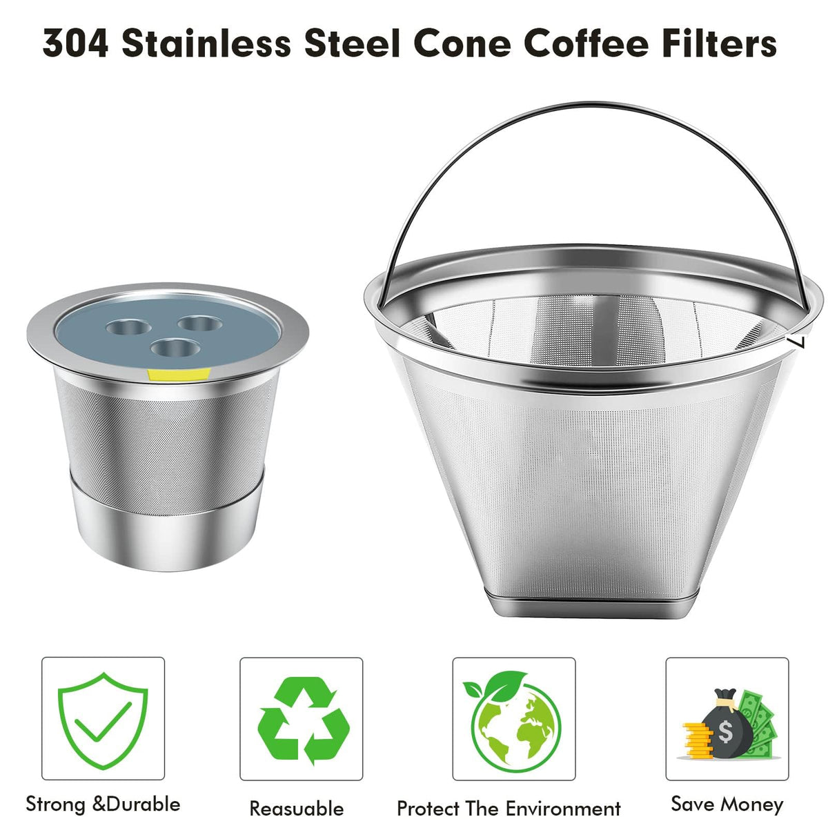 Stainless Steel Reusable Coffee Filter Compatible with Coffee Maker (3 Count)
