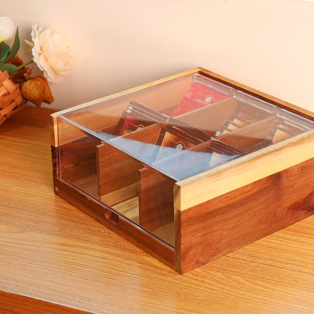 Acacia Wood Tea Bag Organizer Storage Box with 6 Compartments