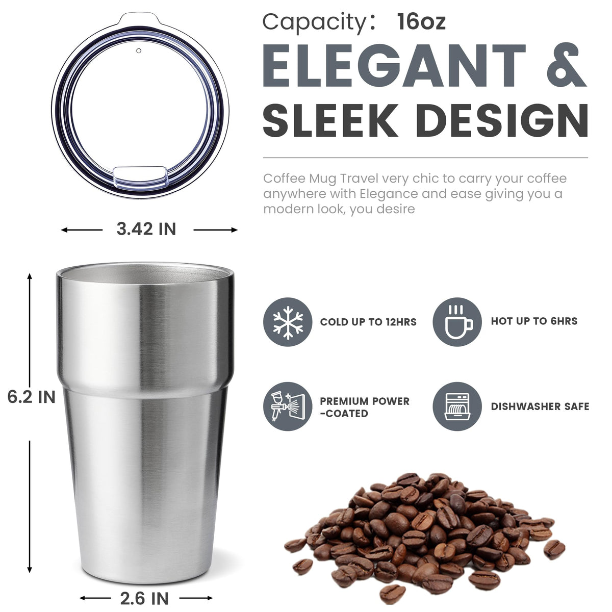 16oz Tumbler Double Wall Vacuum Insulated Travel Mug Bulk (6 Count)
