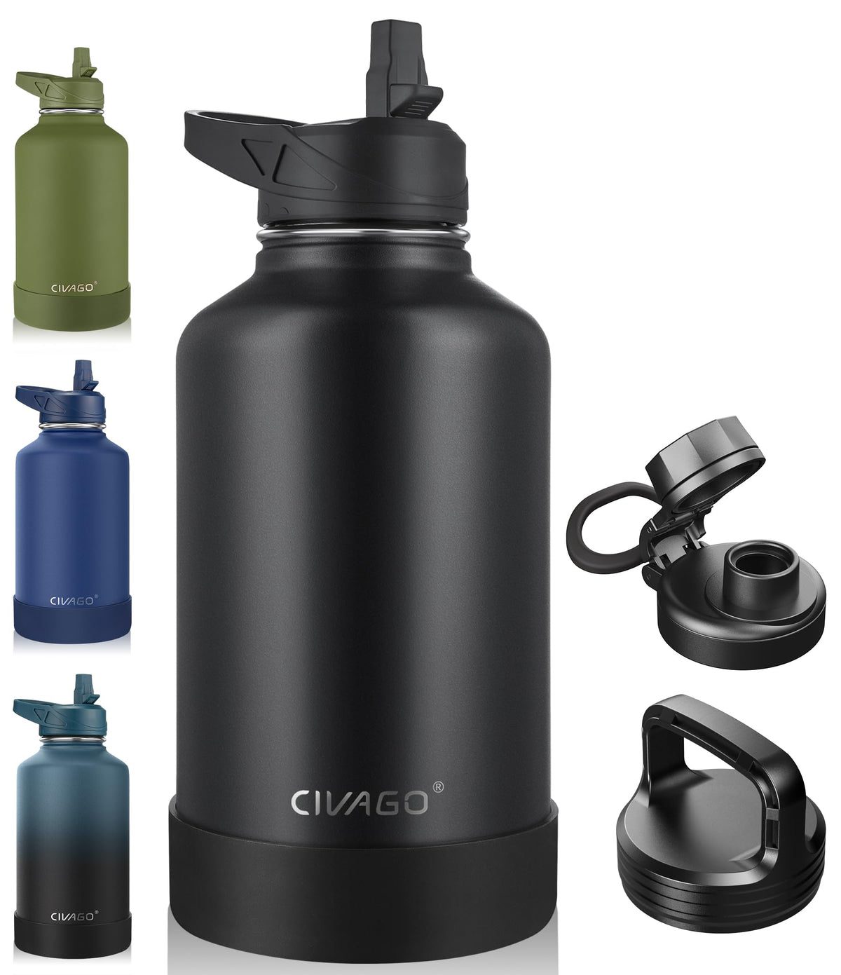 64 oz Insulated Stainless Steel Water Bottle With Straw and 3 Lids