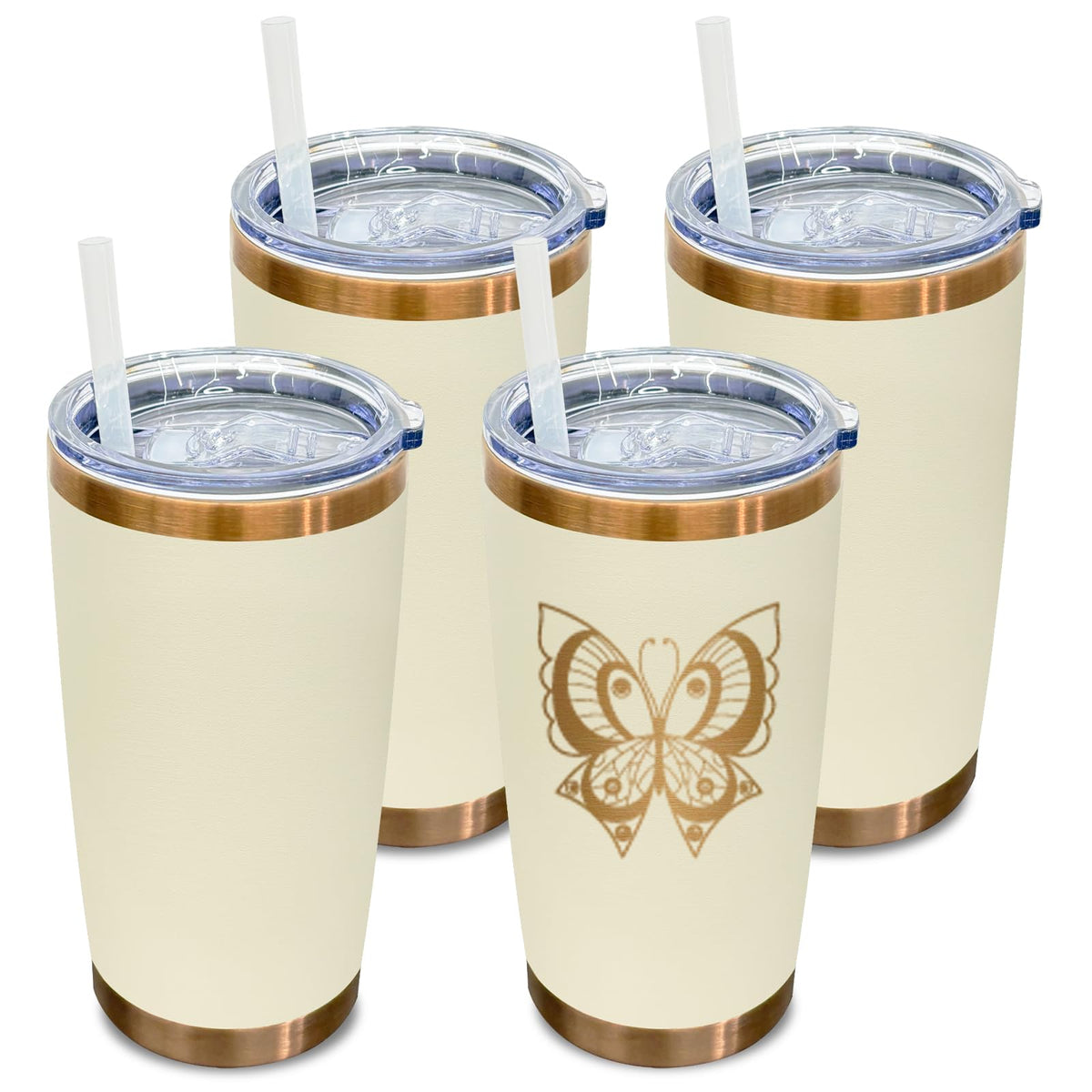20 oz Tumbler Bulk Stainless Steel Tumblers with Lids and Straws Cream (4 Count)