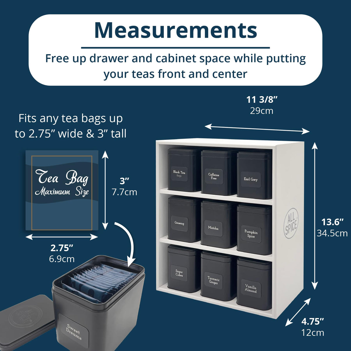 Tea Organizer Rack with 9 Tins & 160 Magnetic Labels