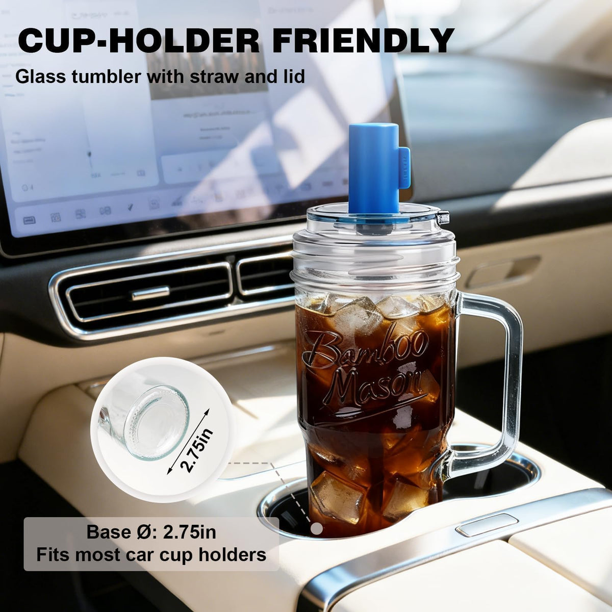 Glass Tumbler With Handle Bamboo Mason Leakproof Mason Jar Cups with Lids and Straws (2 Count)