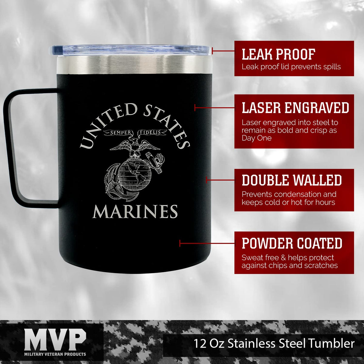 USMC 12oz Black Double Wall Vacuum Insulated Stainless Steel Marine Corps Coffee Tumbler Travel Mug