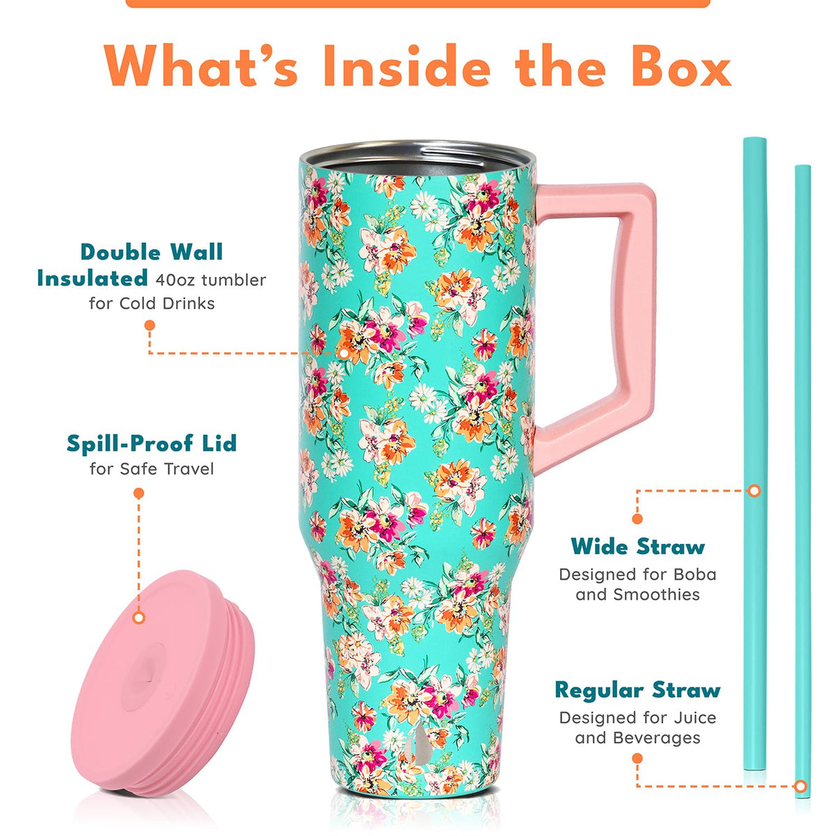 Spill Proof 40oz Insulated Tumbler with Handle & Straw Travel Mug