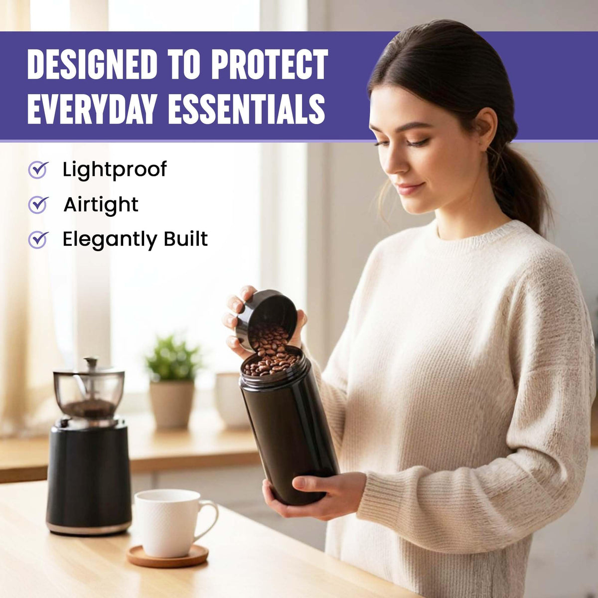 1 L (12 oz) Airtight Coffee Canister Ultraviolet Glass Coffee Bean Storage Container Antistatic, Light Blocking Container for Coffee, Herbs, Tea & Spices Durable