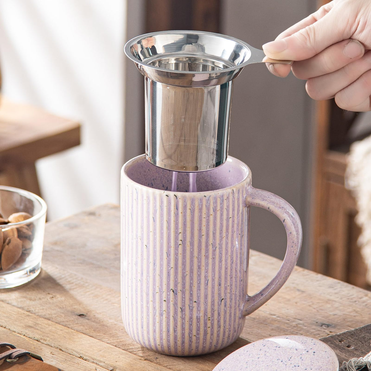 15.5oz 470ml Flambe Purple Ceramics Teacups with Infuser and Lid
