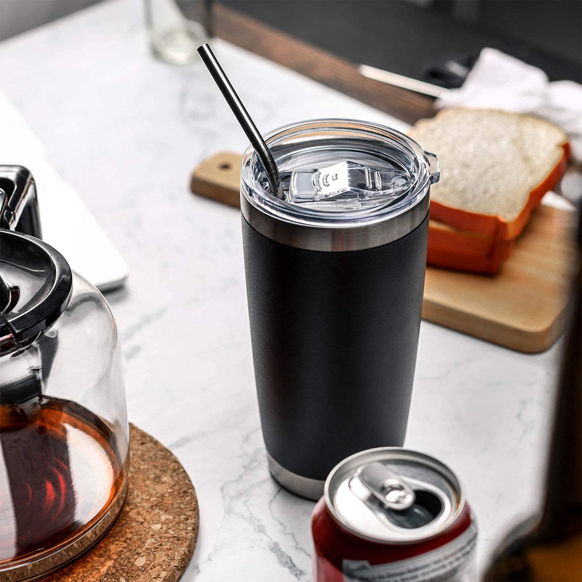 20oz Black Tumbler 4 Pack Stainless Steel Insulated Travel Mug with Lid and Straw Vacuum Double Wall Coffee Cup for Hot Beverage and Cold Drinks (4 Count)