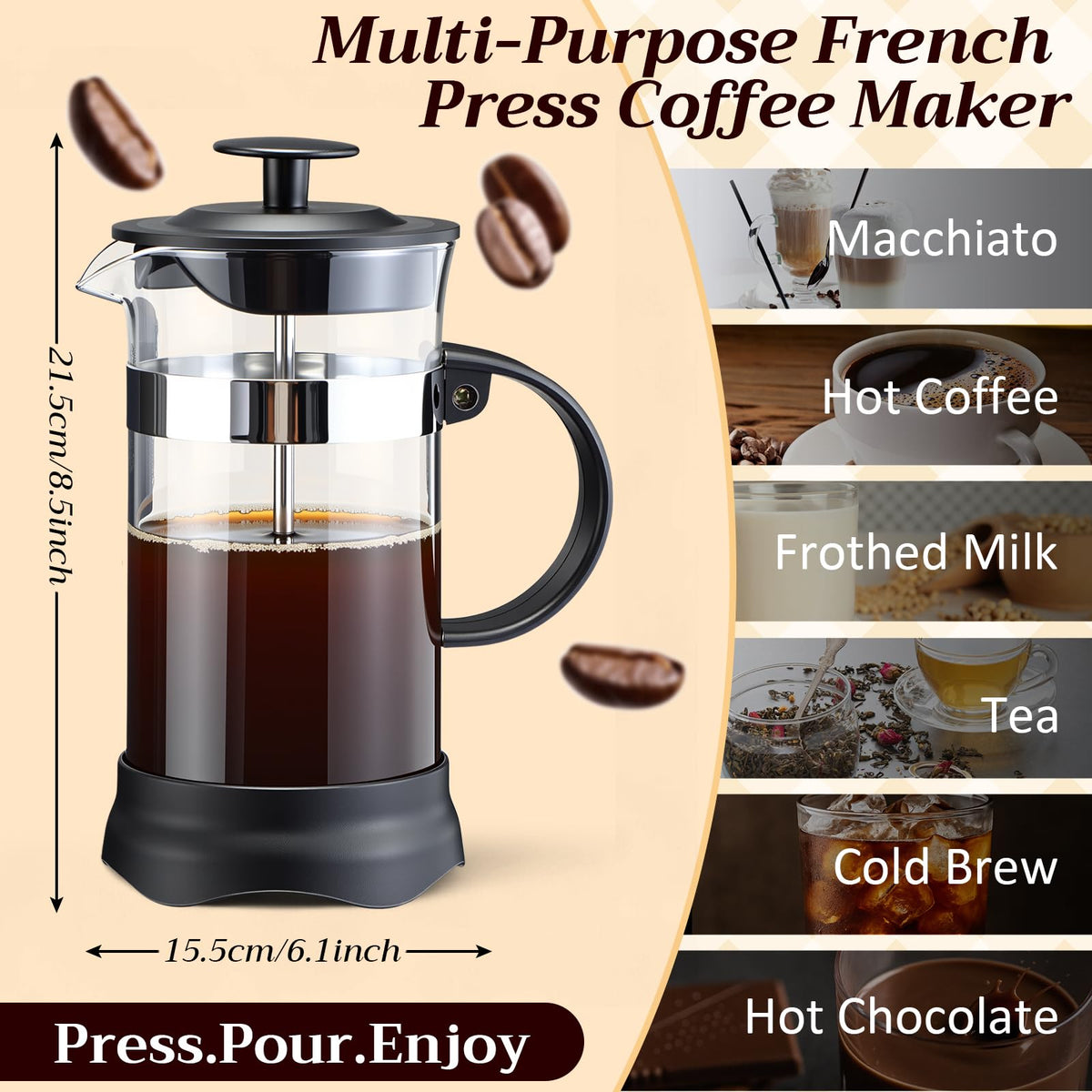 4 Pack French Press Coffee Maker Borosilicate Glass Coffee Press Heat Resistant Stainless Steel Tea Maker for Travel Camping Kitchen Gifts Includes Pot Filters (4 Count)
