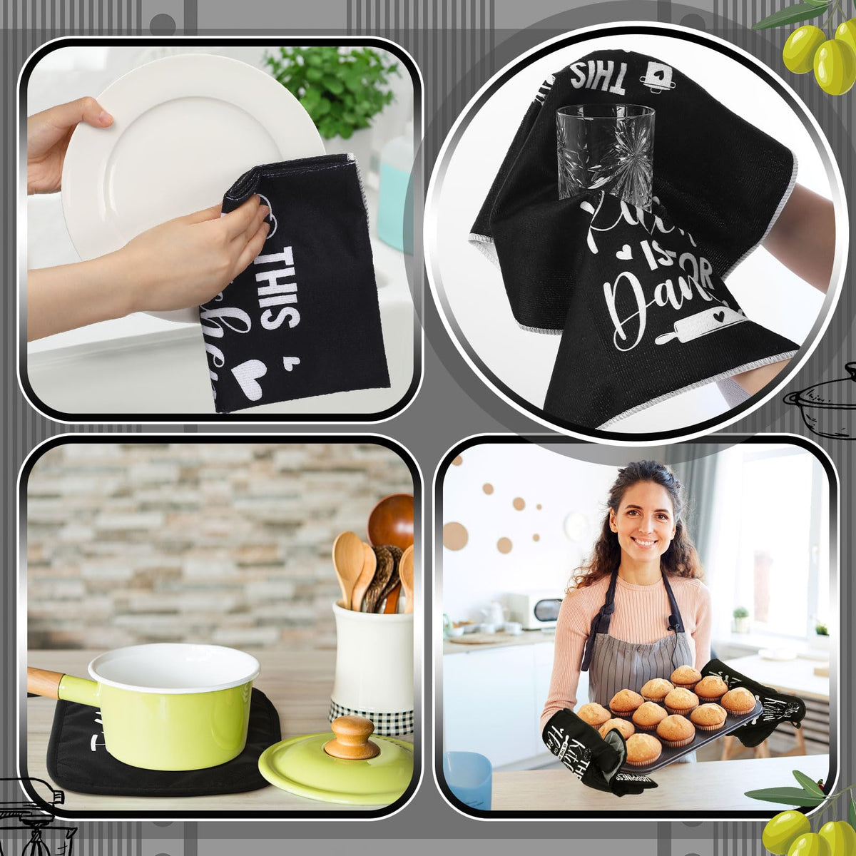 17 Pcs Black and White Kitchen Decor and Accessories Black and White Kitchen Rug and Mat Oven Mitts and Pot Holders Apron Dish Towels Cute Wooden Spoons for Home Decor Housewarming Gifts (17 Count)