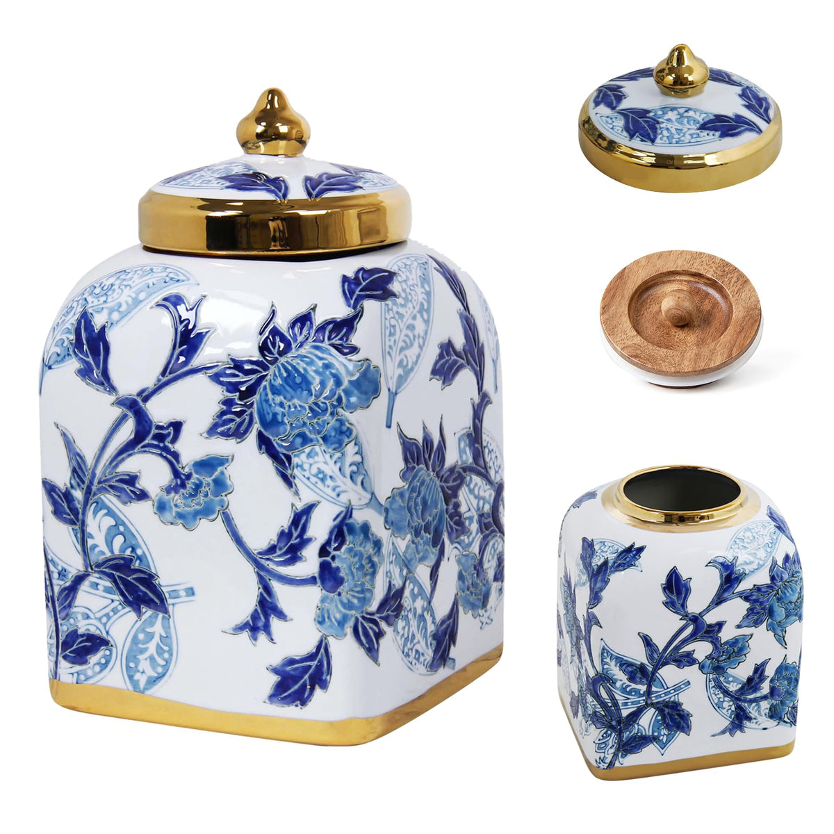 Blue and White Ceramic Tea Canister with Airtight Lid