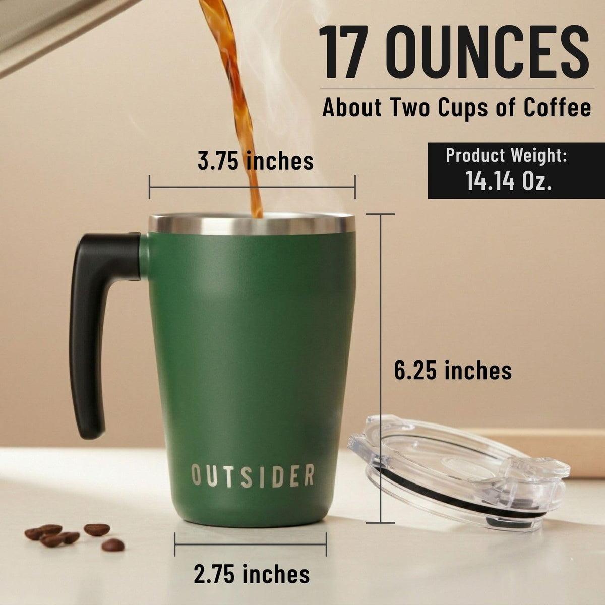 The AM 17 oz Stainless Steel Vacuum Insulated Coffee Mug with 180° Rotating Swivel Handle and Lockable Spill Proof Lid