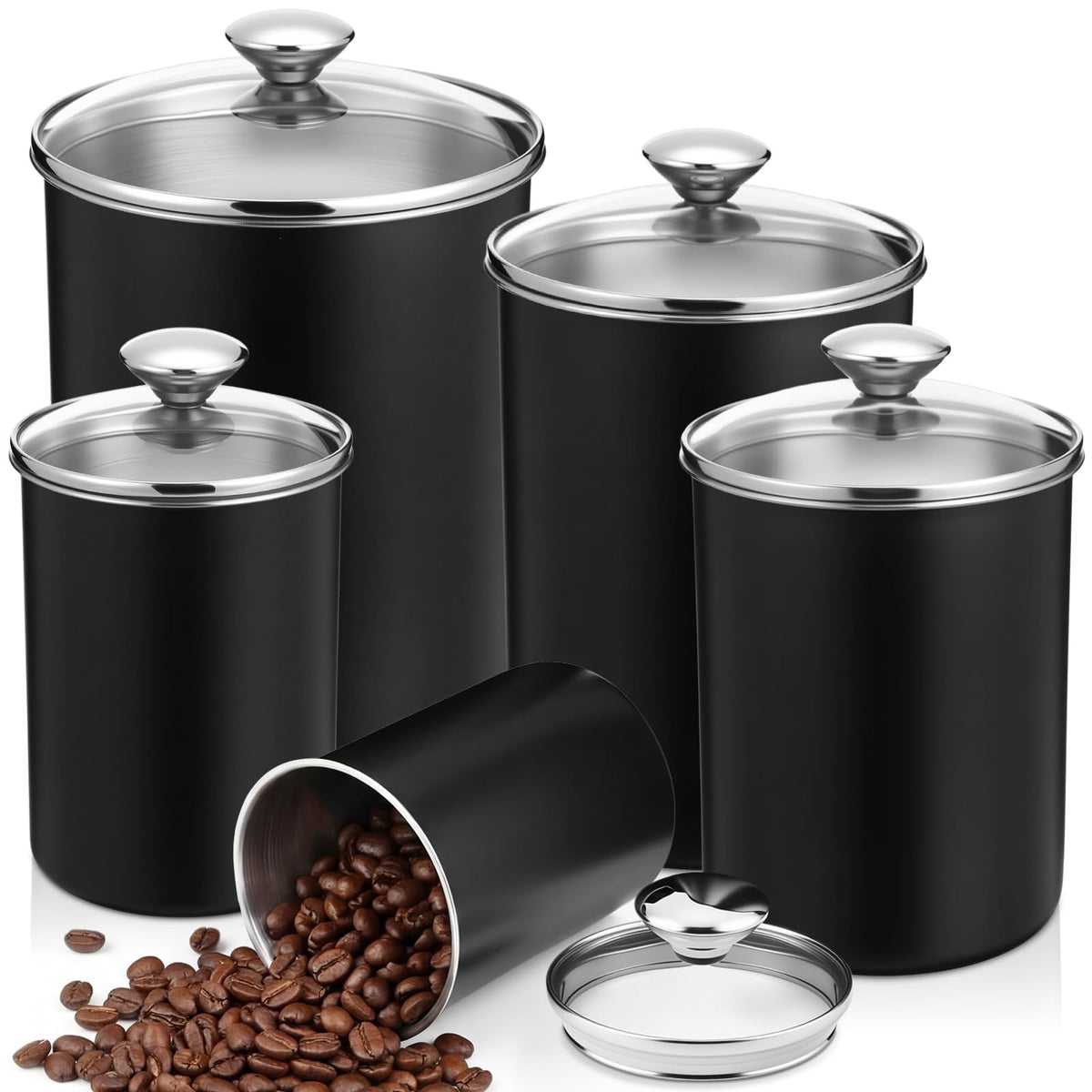 5 Pcs Stainless Steel Canister with Glass Lids Airtight Food Jar Storage Canister Set (5 Count)