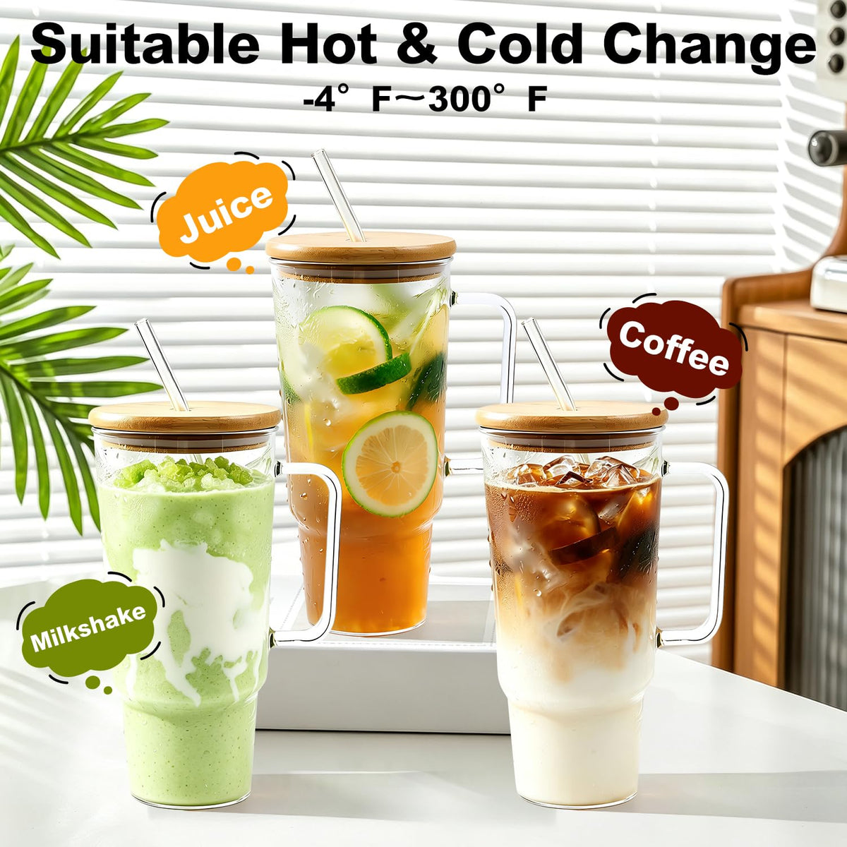 Glass Cup with Handle 49oz Tumbler with Straw and Lid