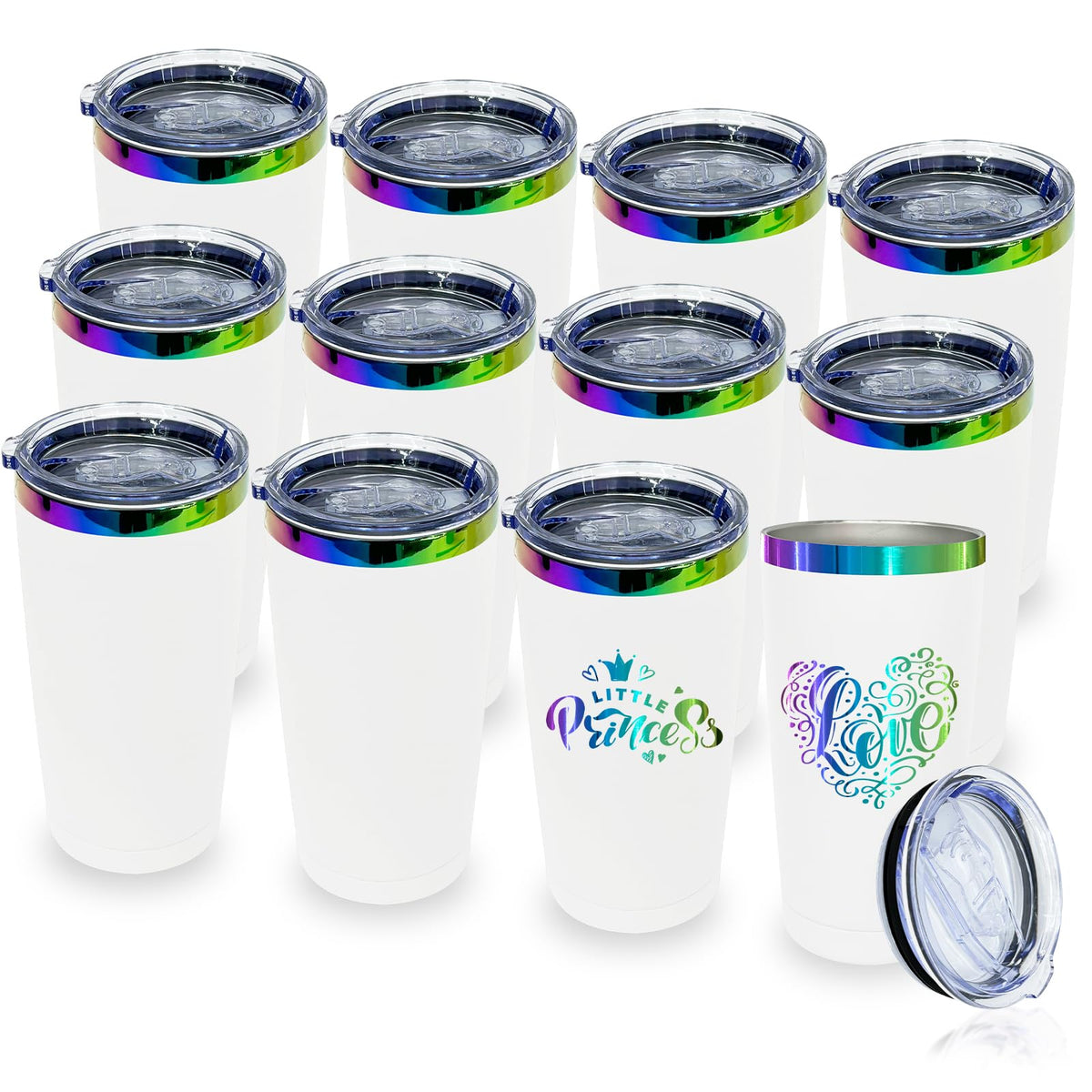 20 oz Insulated Tumblers Bulk With Lid Straw Rainbow Plated White (12 Count)