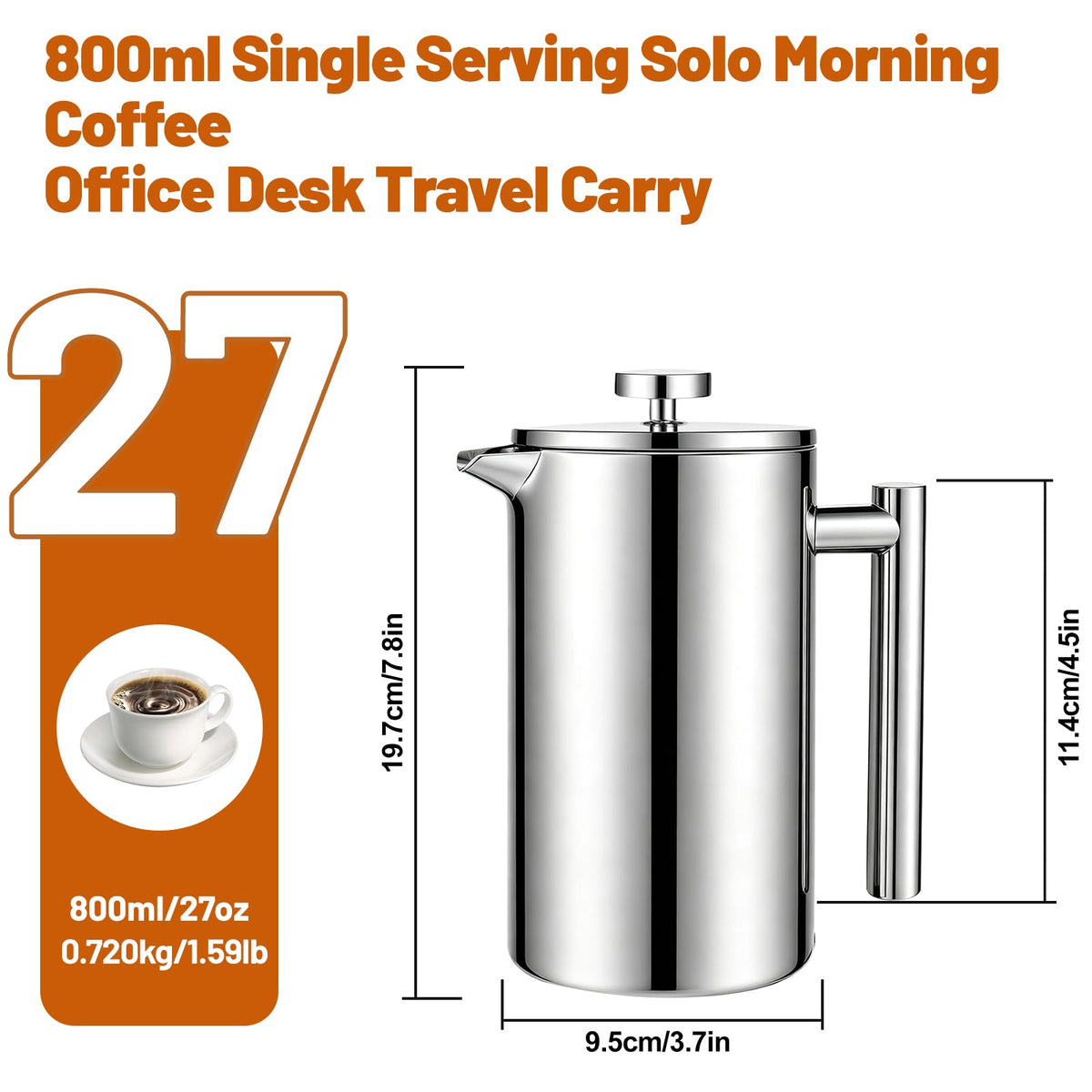 304 Thickened Stainless Steel 800ml French Press 27.05oz Moka Pot
