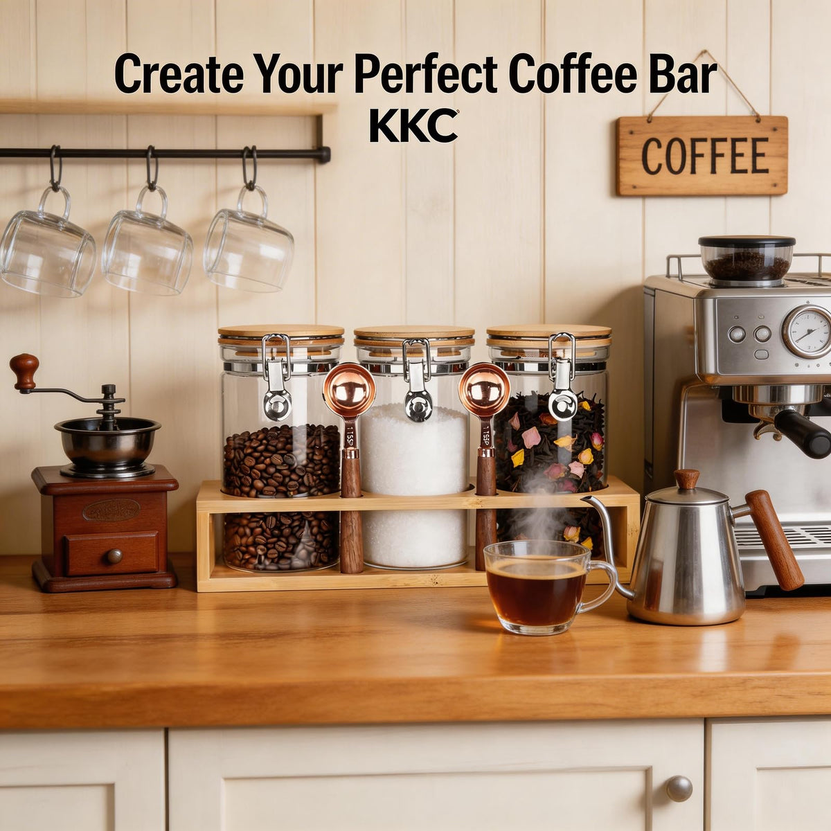 KKC Glass Coffee Jar Set of 3 with Bamboo Lids & Spoons (3 Count)