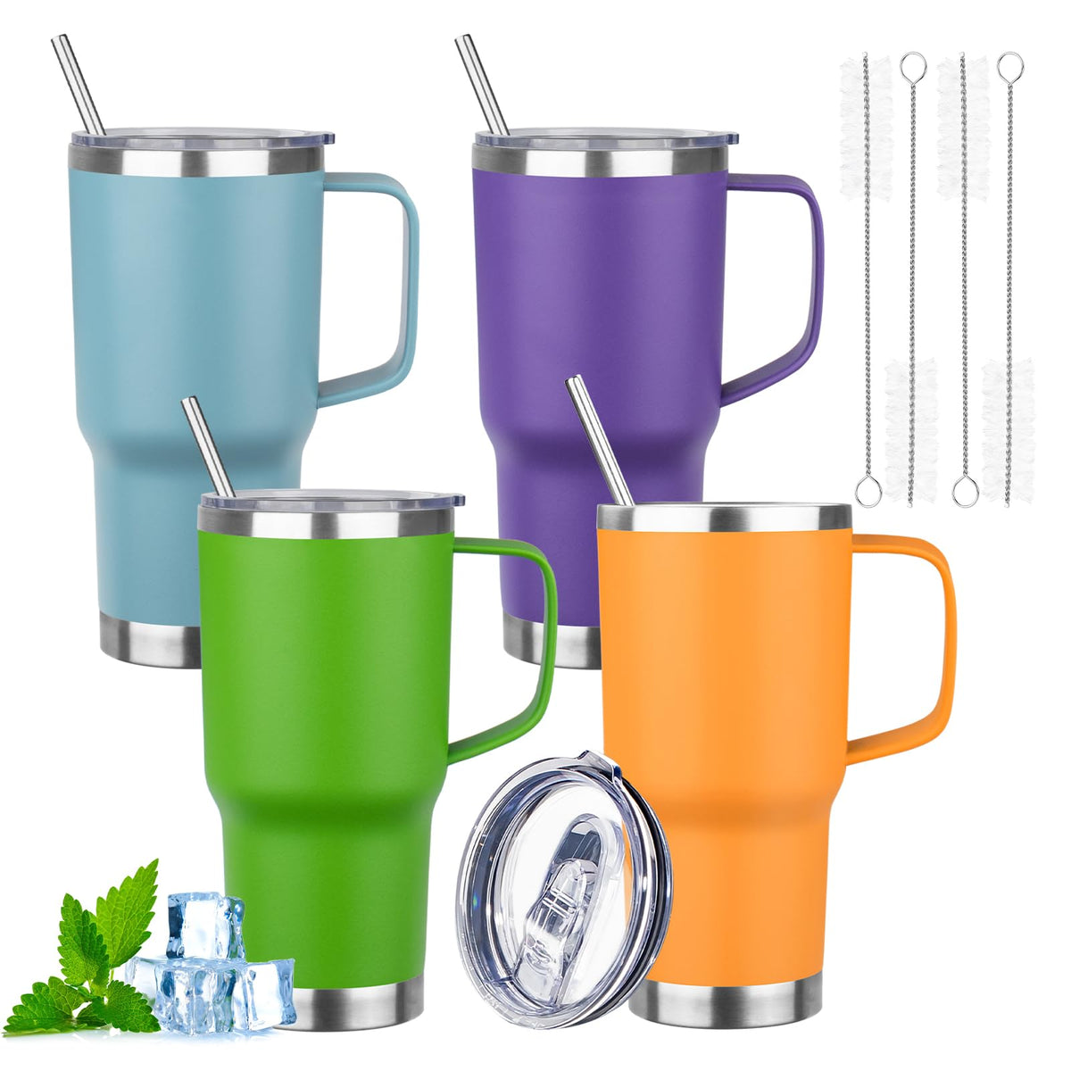 20oz Insulated Tumbler with Handle Stainless Steel Travel Coffee Mug with Lid and Straw Double Wall Vacuum Leak (4 Count)