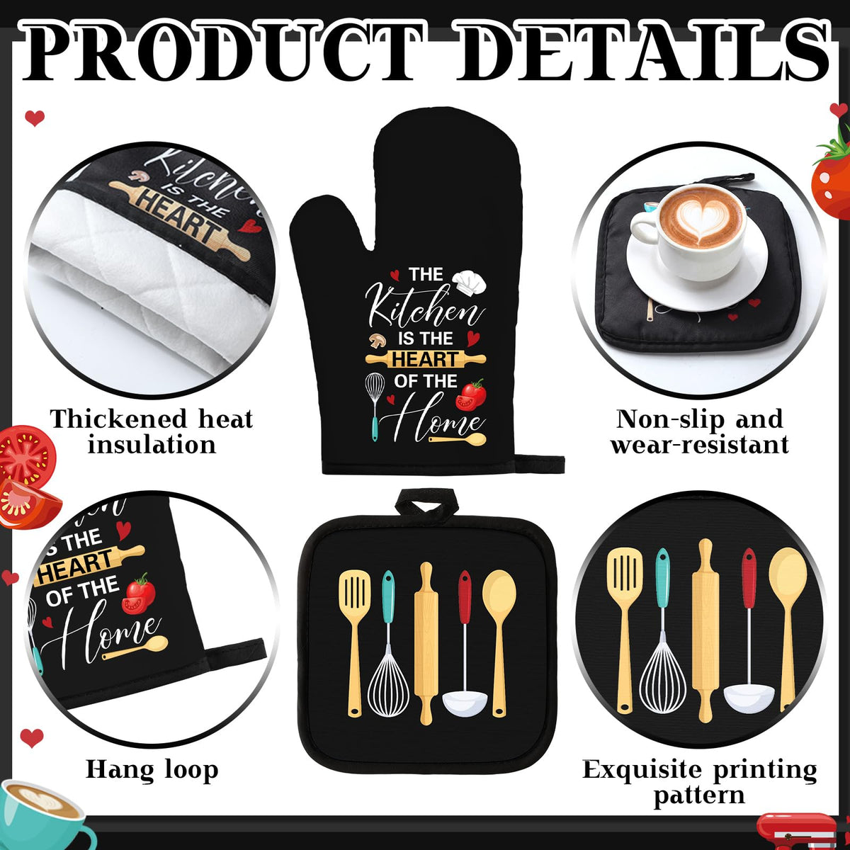 17 Pcs Farmhouse Kitchen Decor and Accessories Black Kitchen Sets Rug and Mat Oven Mitts and Pot Holders Apron Dish Towels Cute Wooden Spoons for Holiday Decoration Home Housewarming Gifts