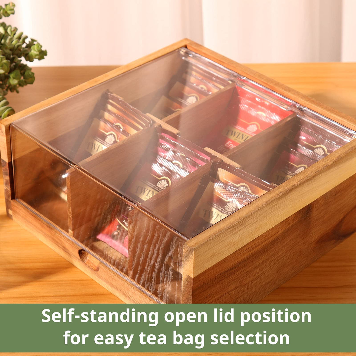 Acacia Wood Tea Bag Organizer Storage Box with 6 Compartments