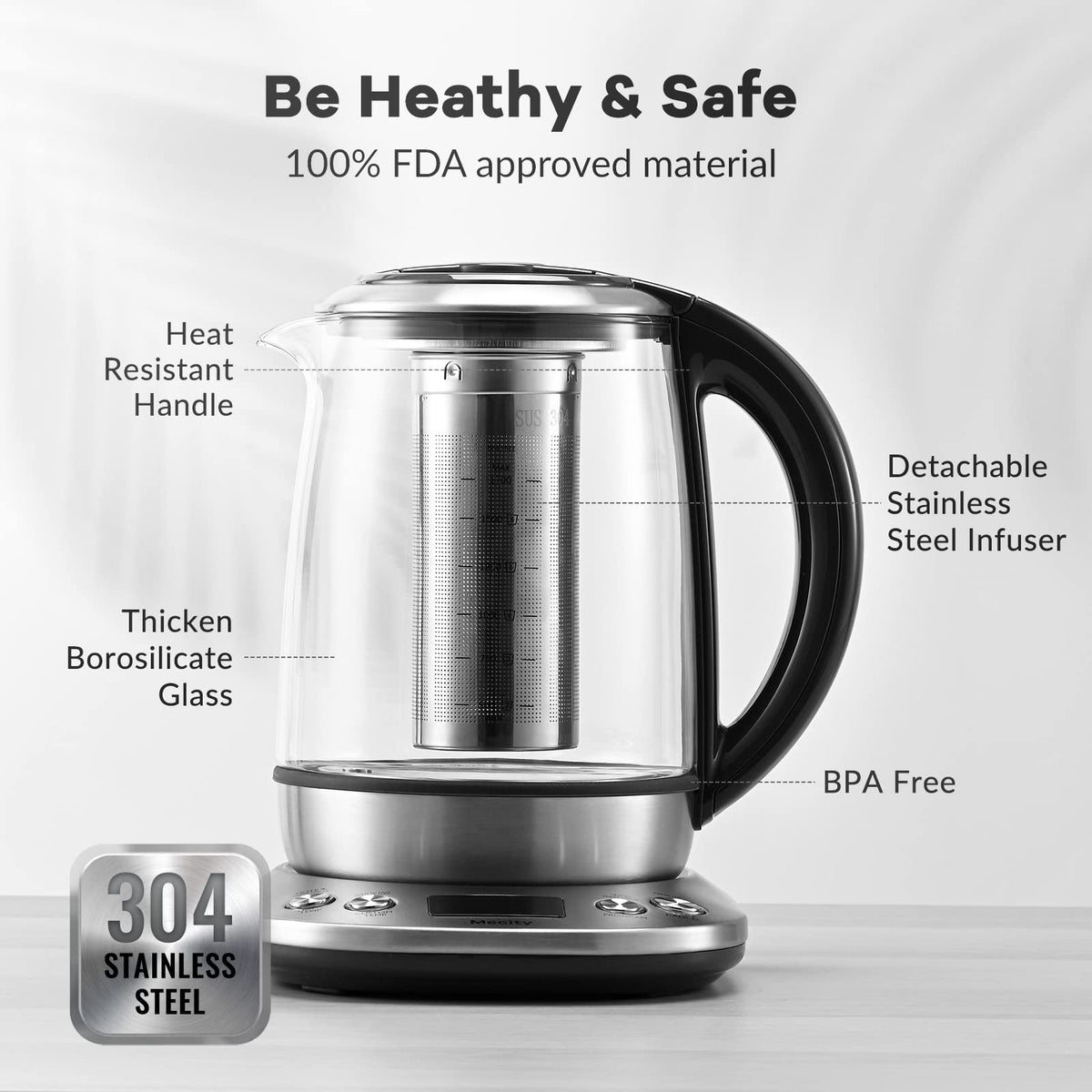 Electric Tea Kettle Borosilicate Glass Tea Maker With Temperature Control and Infuser