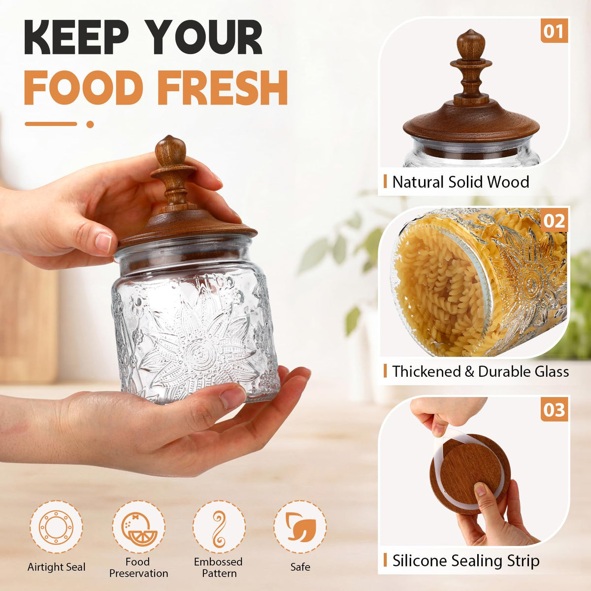 6 Pack 17 oz Glass Spice Jars with Dark Wood Lids Vintage Canisters with Garden Pattern Airtight Food Storage Container for Home Kitchen Tea Coffee Spice Pantry Organization Decorations (6 Count)