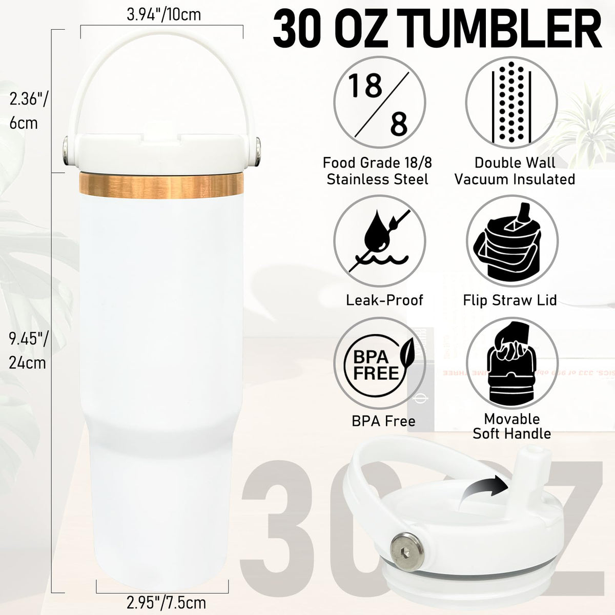 30 oz Tumbler Bulk with Top Handle and Flip Straw White (8 Count)