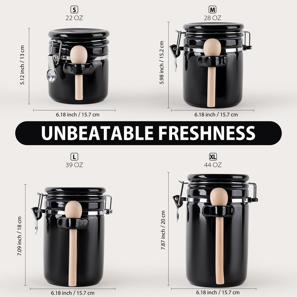 4 Piece Airtight Ceramic Canister Set With Attached Wooden Spoon Reusable Chalk Labels For Dry Goods Sugar Coffee Tea Kitchen Storage Use (4 Count)
