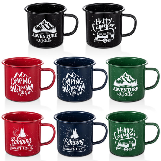 8 Pcs Enamel Camping Mugs 16 oz Outdoor Coffee Cups Nostalgic Speckled Enamelware Mug with Printed Design for Hot Cold Beverages Durable Cup for Happy Camper Adventure Home Travel Beach (8 Count)