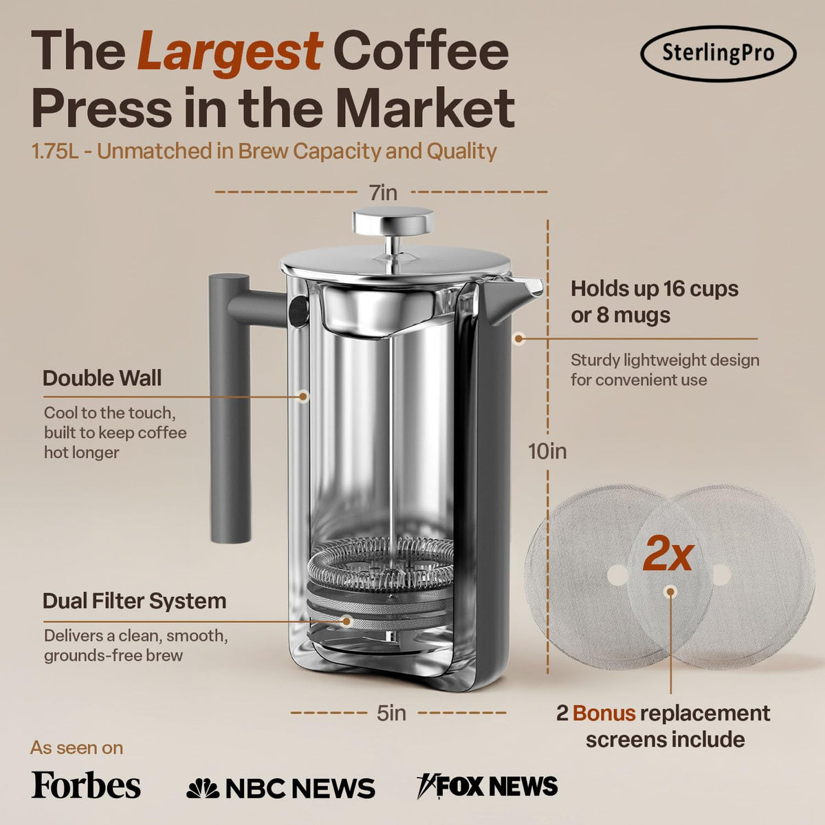 Non Toxic Extra Large Insulated Stainless Steel French Press Coffee Maker 59oz