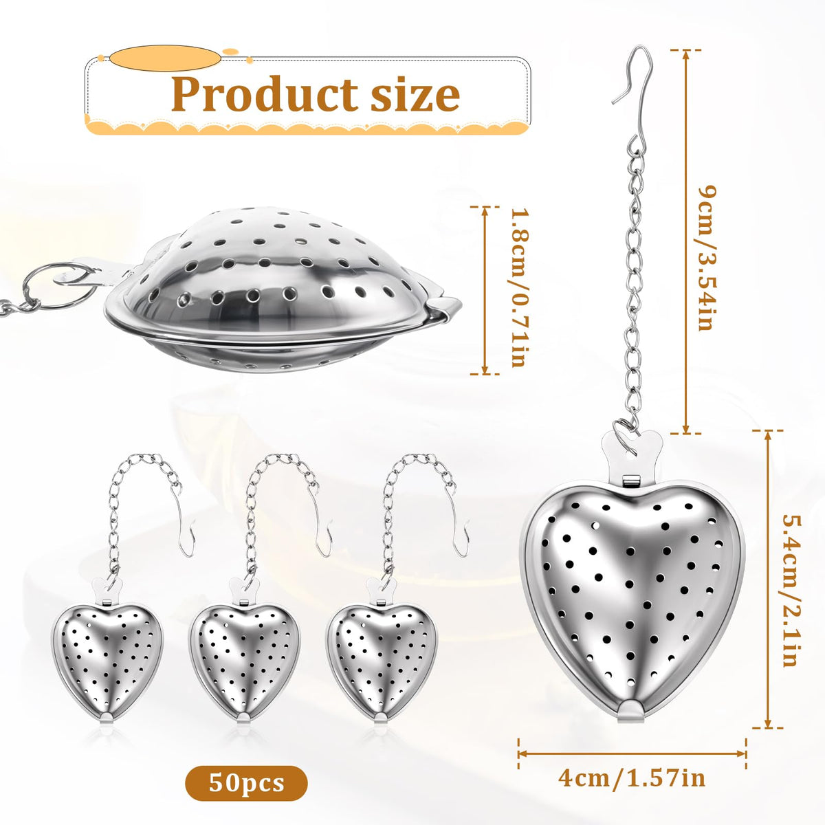 50 Pcs Tea Strainer Stainless Steel Ball Infuser Mesh Heart Shaped Tea Strainer Loose Leaf Steeper Interval Diffuser with Extended Chain Hook Tea Filters for Seasonings Cup Bottle (50 Count)