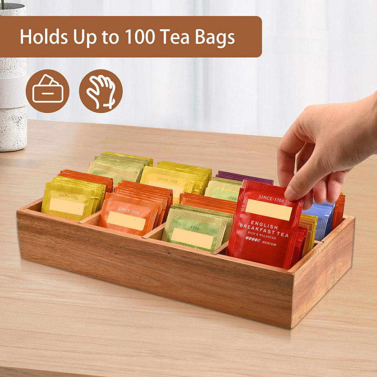 Acacia Wood Tea Bag Organizer with 8 Slots