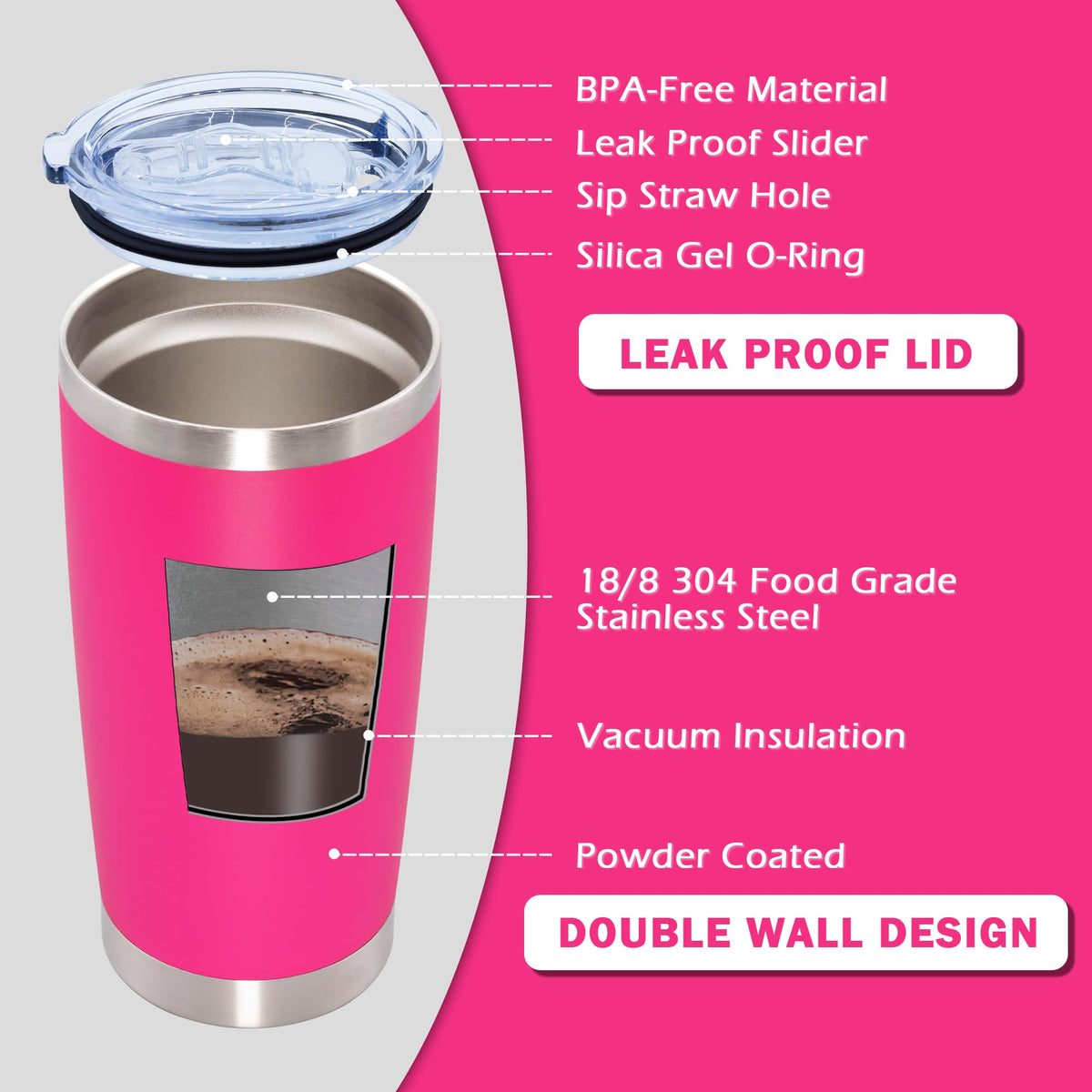 20oz Tumbler with Lid Stainless Steel Tumblers Insulated Mug Hot Pink 12P (12 Count)