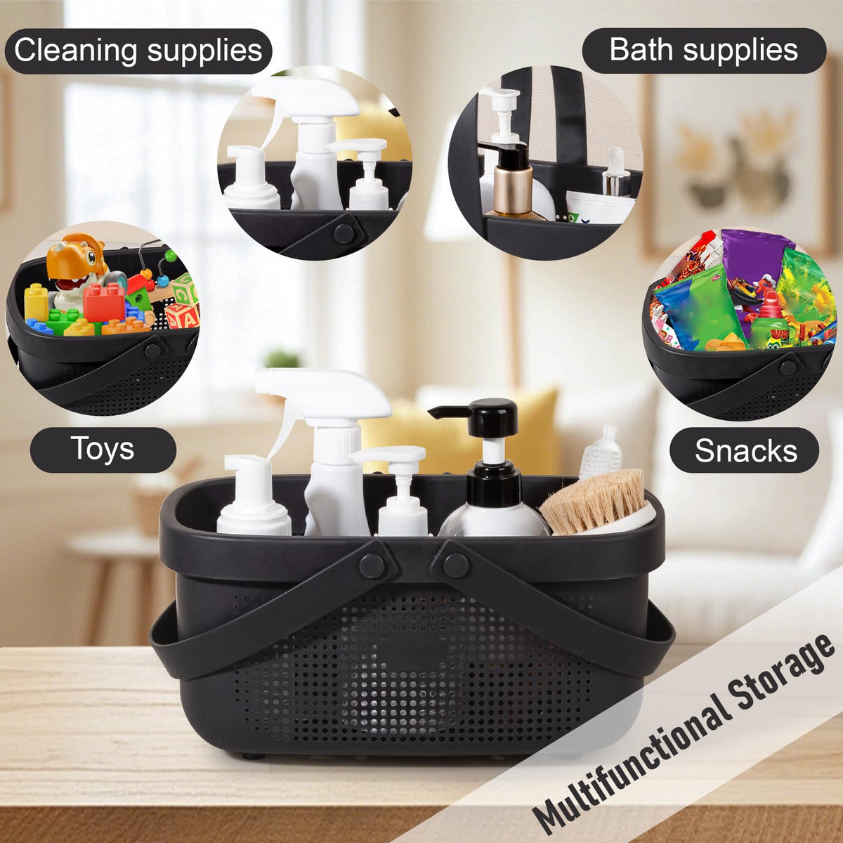 Portable Shower Caddy Basket with Handles Plastic Storage Basket Black