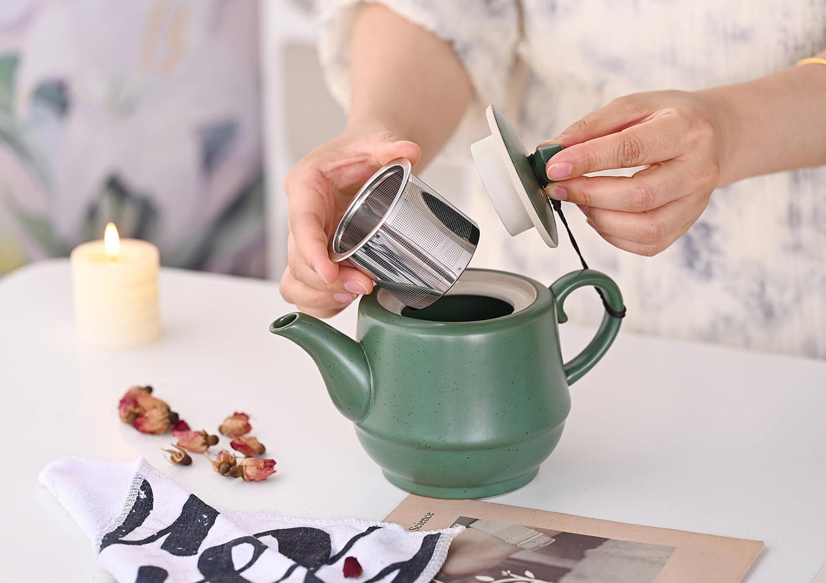 Rural Style Ceramic Teapot with Stainless Steel Infuser 16 OZ Green