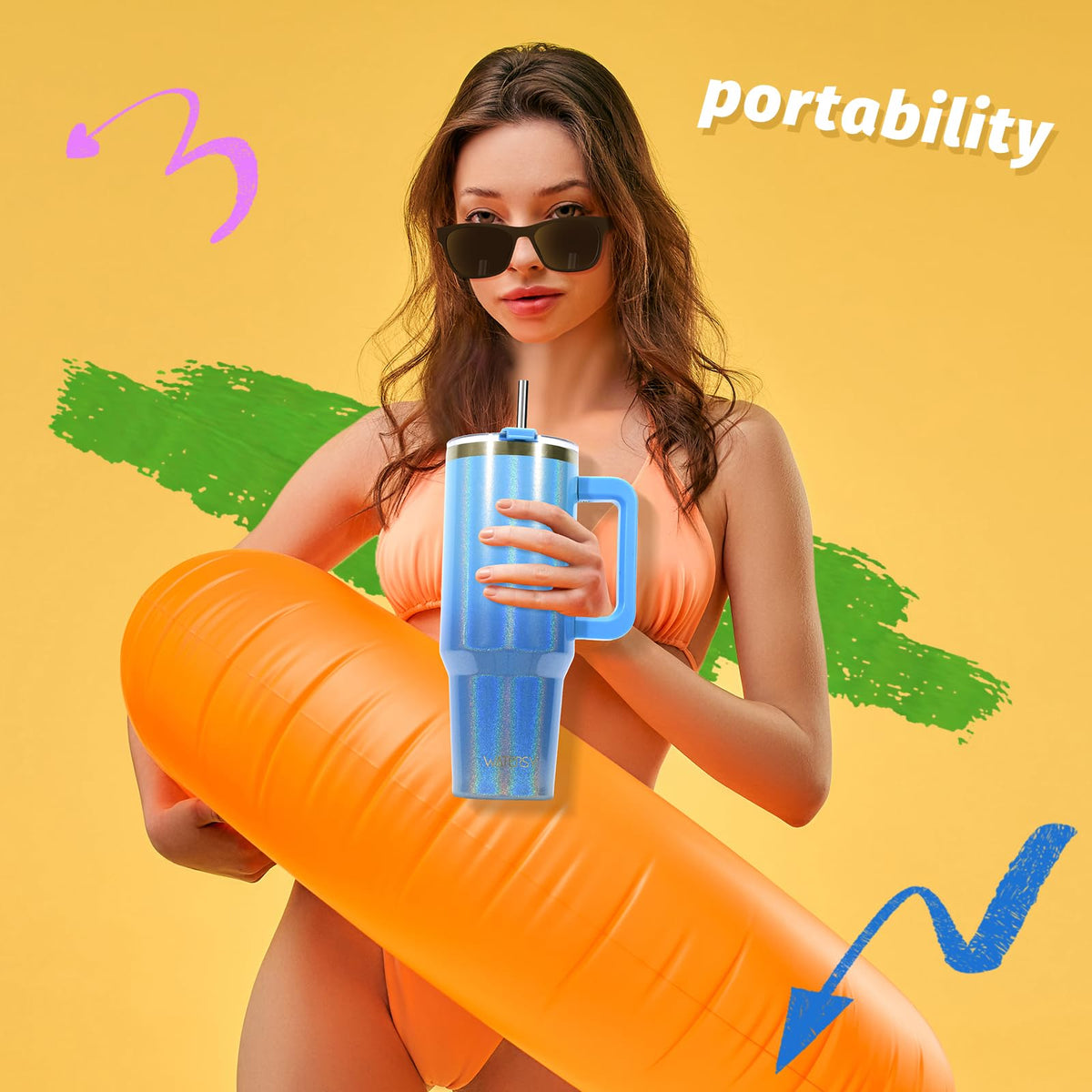 30 oz Shiny Tumbler with Handle and Straw