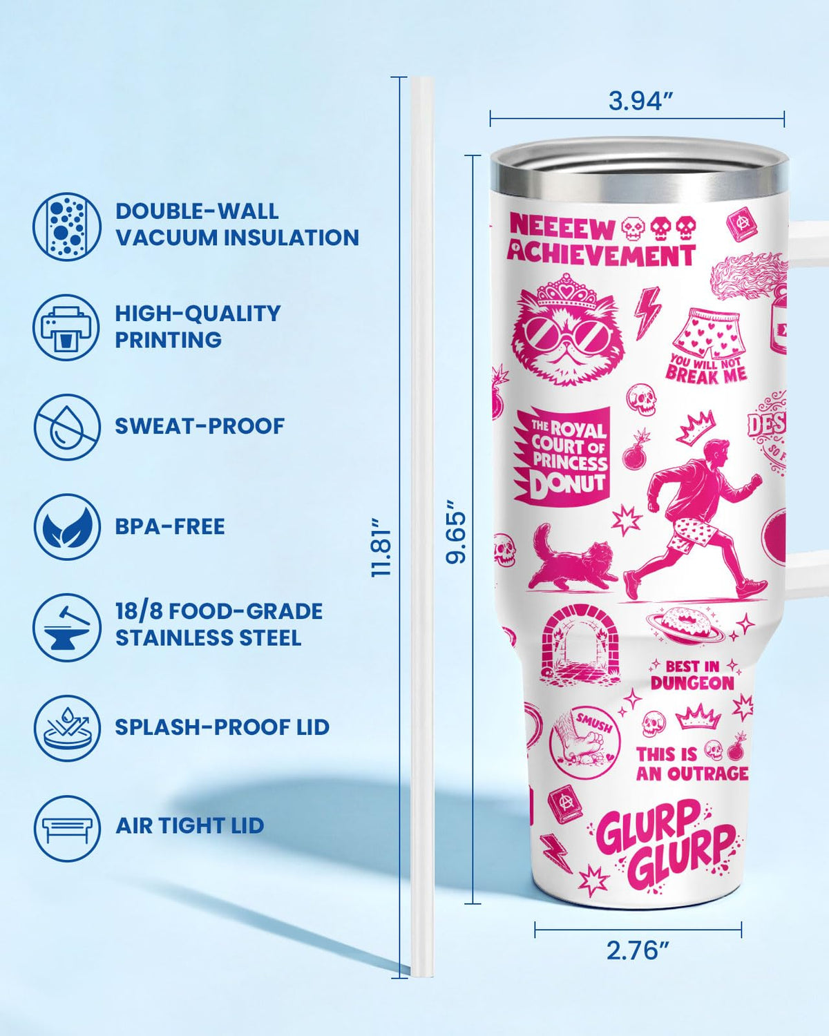 Funny Gamer 40oz Tumbler with Handle Straw Lid Dungeon Cat Dinosaur Meme Insulated Stainless Steel Travel Mug Gifts for Women Men Book Lover Gift