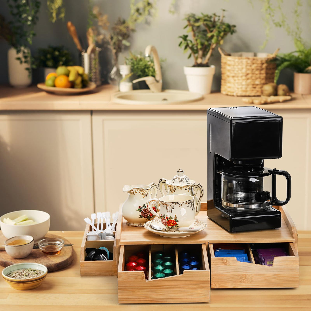 Bamboo 2 Drawer Coffee Pod Organizer with Side Box for K Cup Tea Bag