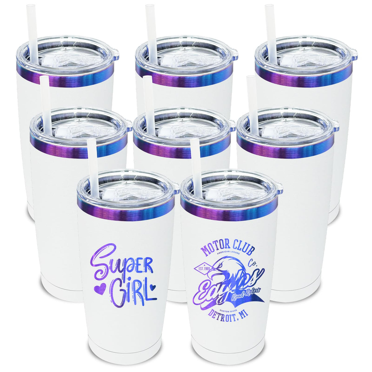 20 oz Tumbler Bulk Stainless Steel Tumblers with Lids and Straws White (8 Count)